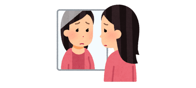 悲しげな表情で鏡を見る女性のイラスト
