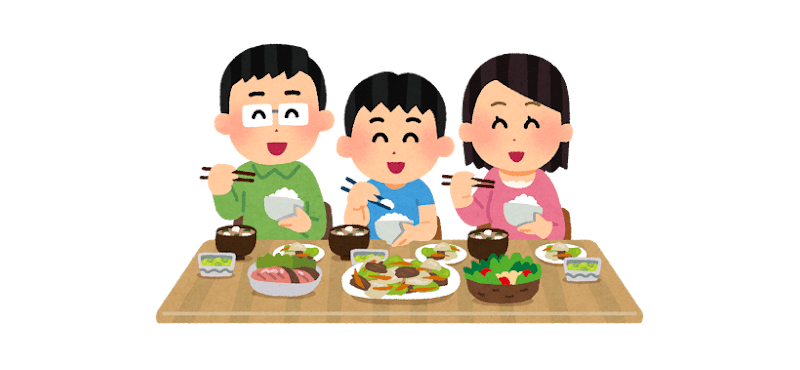 楽しそうに食事をする家族のイラスト